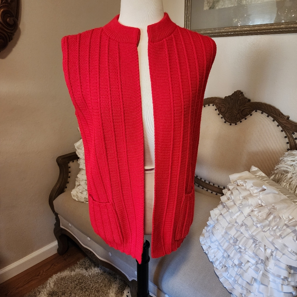 Red Vintage College Point Open Front Cardigan Sweater Vest View 2